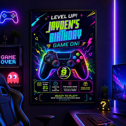 Editable Neon Glow Birthday Invitation Canva Template, Green Boys Neon Cute Fun DIY Chic Kids Teen Party Invite, Printable Digital Download.