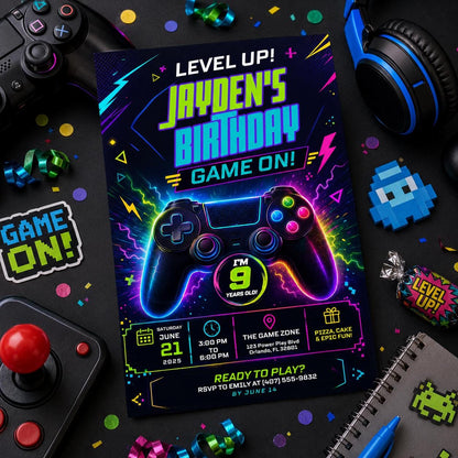 Editable Neon Glow Birthday Invitation Canva Template, Green Boys Neon Cute Fun DIY Chic Kids Teen Party Invite, Printable Digital Download.