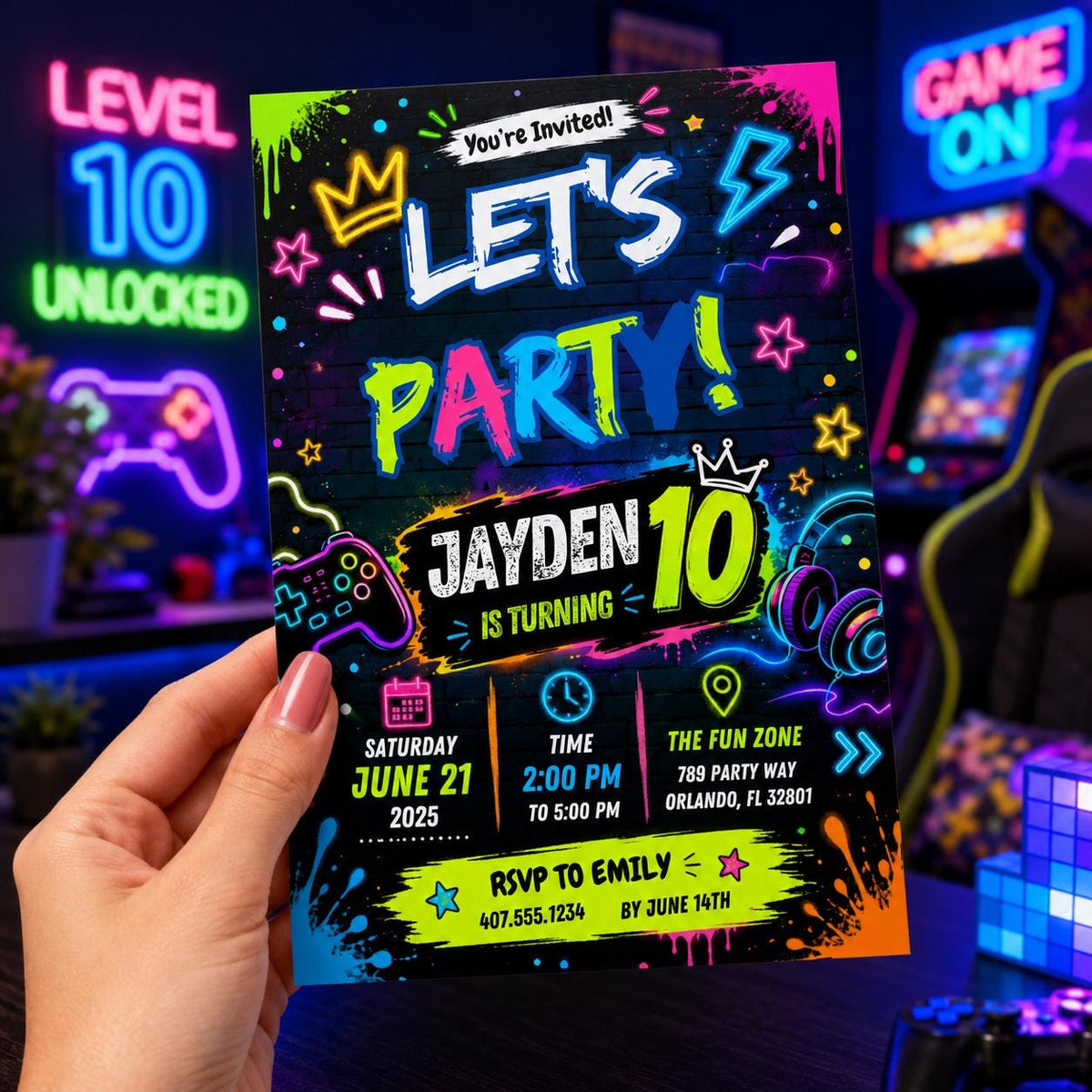 Editable Neon Glow Birthday Invitation Canva Template, Blue Green Boys Kids Neon Cute Fun DIY Chic Party Invite, Printable Digital Download.