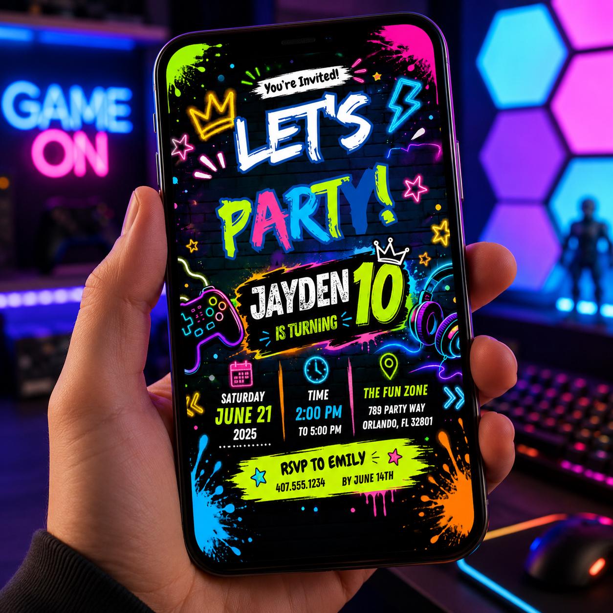 Editable Neon Glow Birthday Invitation Canva Template, Blue Green Boys Kids Neon Cute Fun DIY Chic Party Invite, Printable Digital Download.