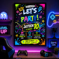 Editable Neon Glow Birthday Invitation Canva Template, Blue Green Boys Kids Neon Cute Fun DIY Chic Party Invite, Printable Digital Download.