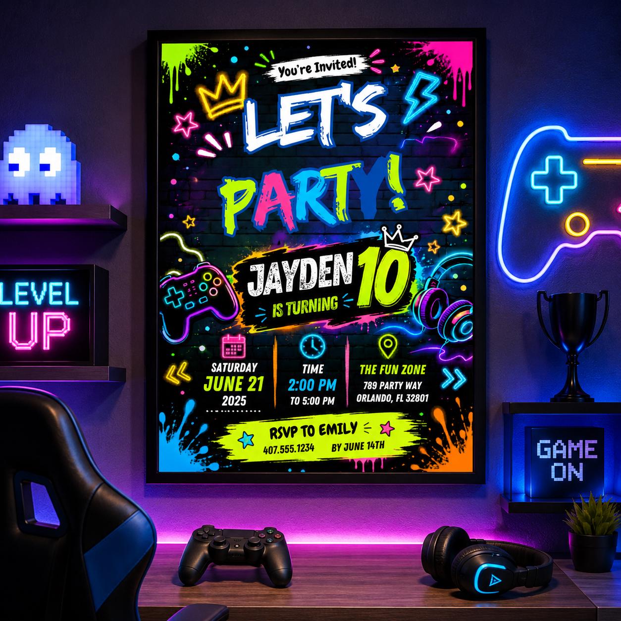 Editable Neon Glow Birthday Invitation Canva Template, Blue Green Boys Kids Neon Cute Fun DIY Chic Party Invite, Printable Digital Download.
