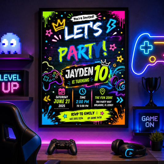 Editable Neon Glow Birthday Invitation Canva Template, Blue Green Boys Kids Neon Cute Fun DIY Chic Party Invite, Printable Digital Download.