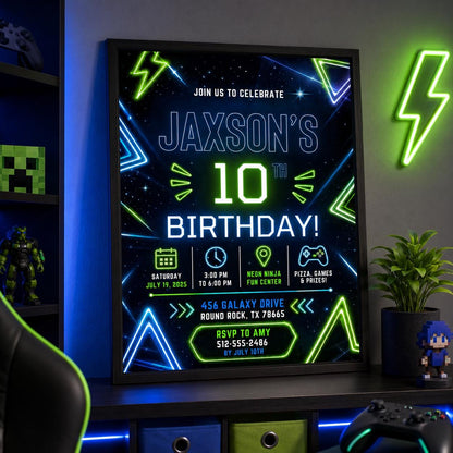 Editable Neon Glow Birthday Invitation Canva Template, Boys Teens Neon Cute Fun DIY Chic Kids Teen Party Invite, Printable Digital Download.