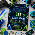 Editable Neon Glow Birthday Invitation Canva Template, Boys Teens Neon Cute Fun DIY Chic Kids Teen Party Invite, Printable Digital Download.