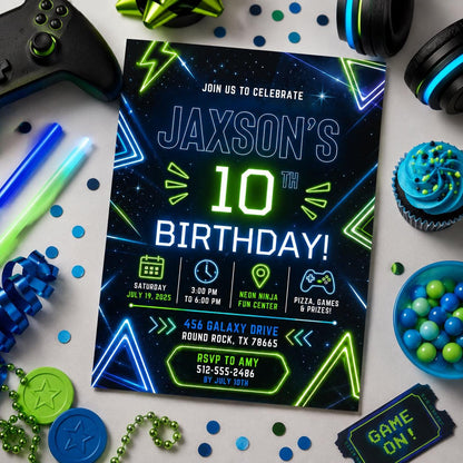 Editable Neon Glow Birthday Invitation Canva Template, Boys Teens Neon Cute Fun DIY Chic Kids Teen Party Invite, Printable Digital Download.