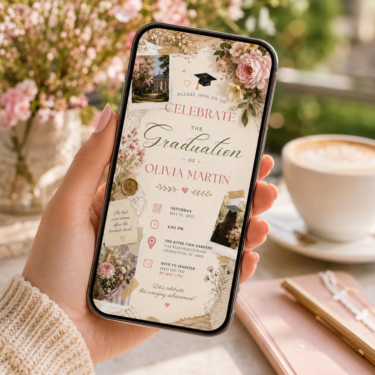 Editable Garden Graduation Invitation Canva Template, Pastel Floral Cute Modern Fun DIY Sweet Chic Party Invite, Printable Digital Download.