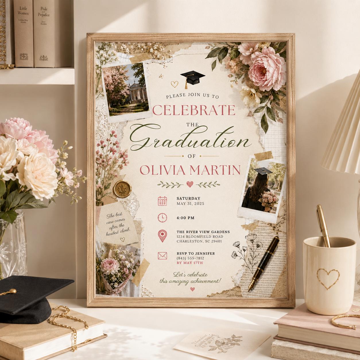 Editable Garden Graduation Invitation Canva Template, Pastel Floral Cute Modern Fun DIY Sweet Chic Party Invite, Printable Digital Download.