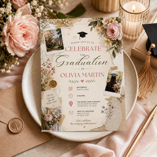 Editable Garden Graduation Invitation Canva Template, Pastel Floral Cute Modern Fun DIY Sweet Chic Party Invite, Printable Digital Download.