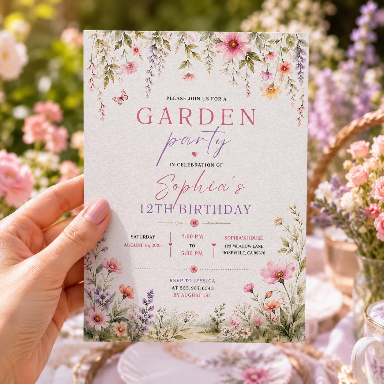 Editable Garden Birthday Invitation Canva Template, Floral Girls Cute Fun DIY Sweet Chic Kids Teen Party Invite, Printable Digital Download.