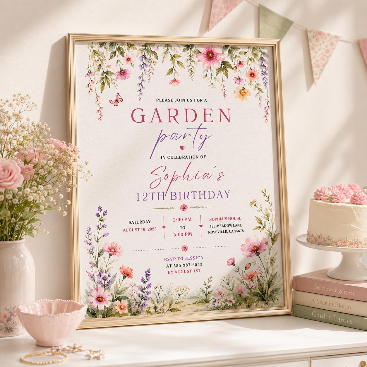 Editable Garden Birthday Invitation Canva Template, Floral Girls Cute Fun DIY Sweet Chic Kids Teen Party Invite, Printable Digital Download.