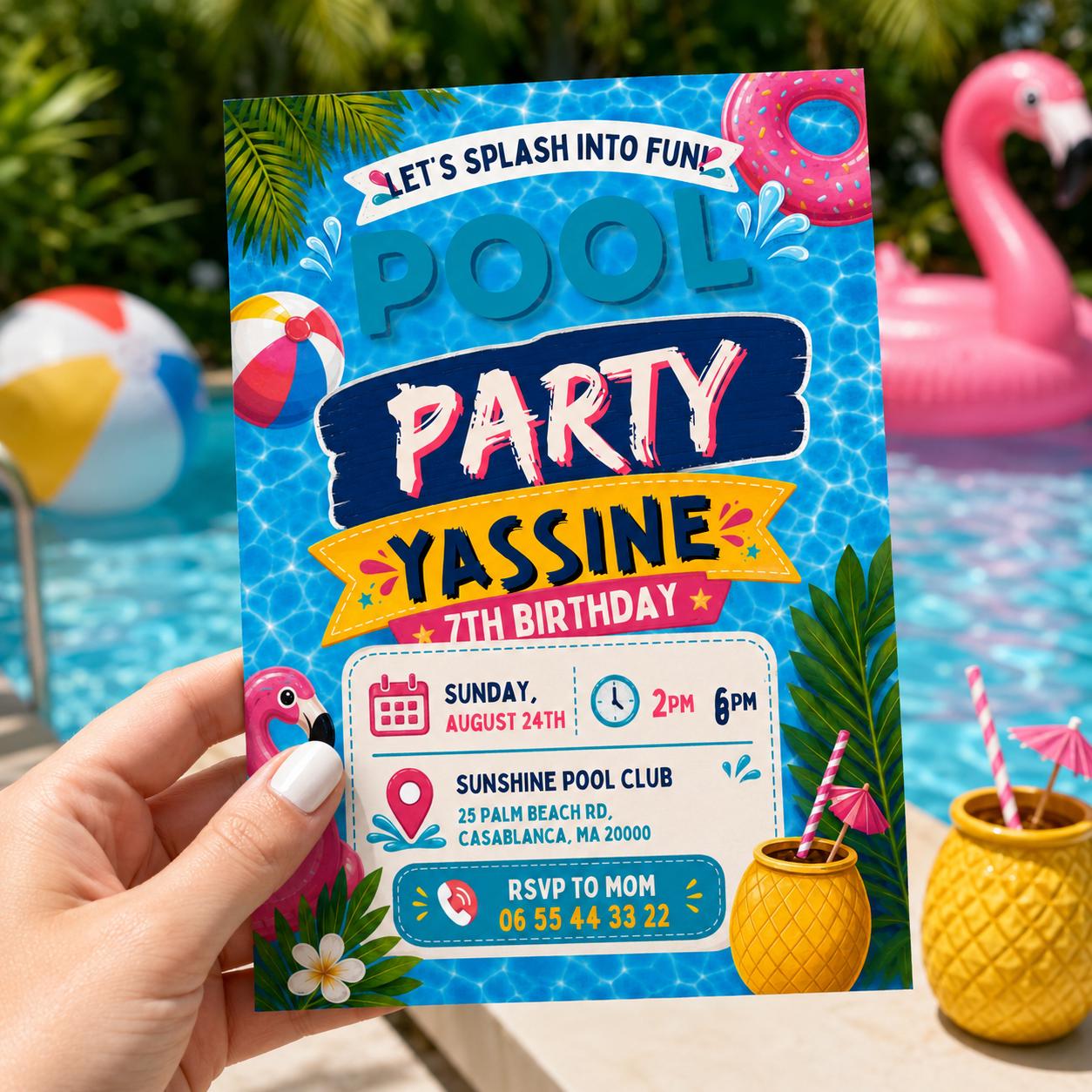 Editable Pool Birthday Invitation Canva Template, Blue Green Neon Boys Kids Pool Cute Fun DIY Chic Party Invite, Printable Digital Download.