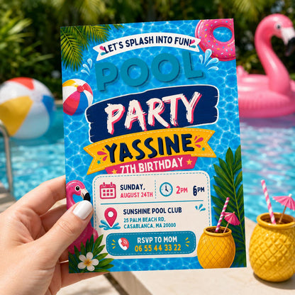 Editable Pool Birthday Invitation Canva Template, Blue Green Neon Boys Kids Pool Cute Fun DIY Chic Party Invite, Printable Digital Download.