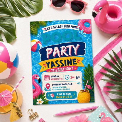 Editable Pool Birthday Invitation Canva Template, Blue Green Neon Boys Kids Pool Cute Fun DIY Chic Party Invite, Printable Digital Download.