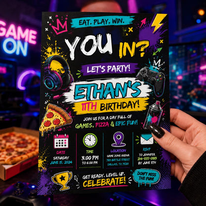 Editable Neon Glow Birthday Invitation Canva Template, Boys Kids Teens Neon Cute Fun DIY Chic Teen Party Invite, Printable Digital Download.