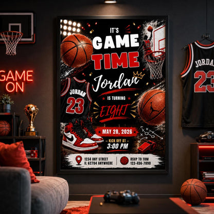 Editable Basketball Birthday Invitation Canva Template, Gold Black Luxury Sport Cute Fun DIY Sweet Party Invite, Printable Digital Download.