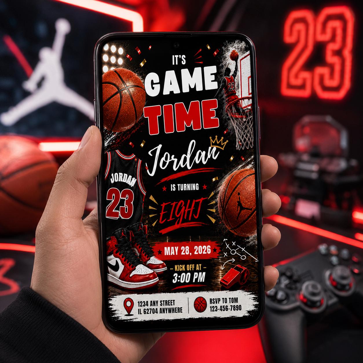 Editable Basketball Birthday Invitation Canva Template, Gold Black Luxury Sport Cute Fun DIY Sweet Party Invite, Printable Digital Download.