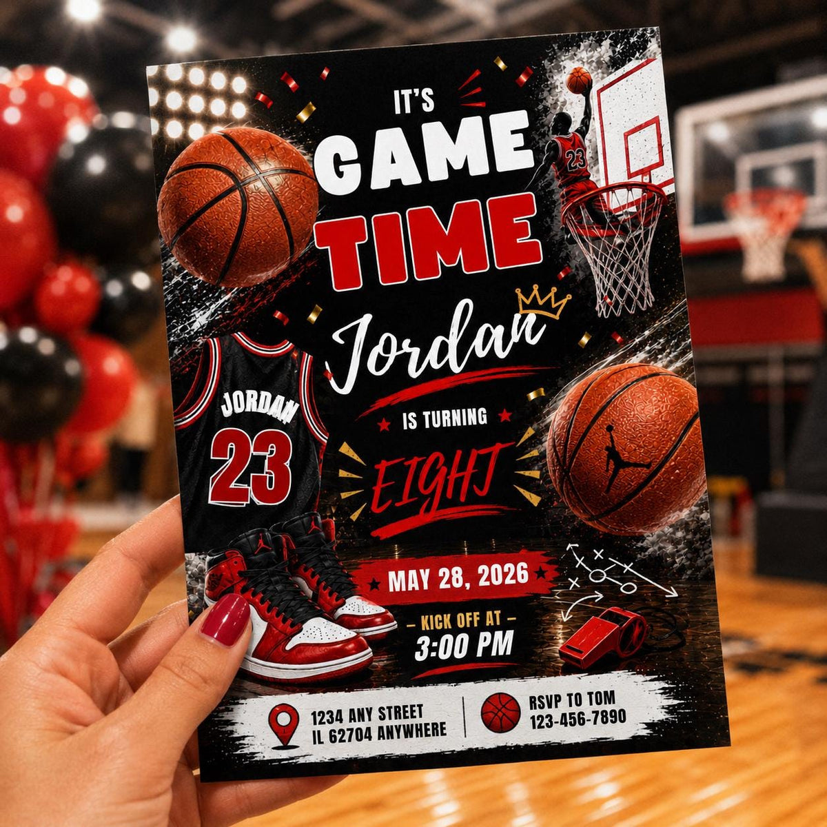 Editable Basketball Birthday Invitation Canva Template, Gold Black Luxury Sport Cute Fun DIY Sweet Party Invite, Printable Digital Download.