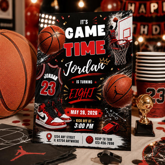 Editable Basketball Birthday Invitation Canva Template, Gold Black Luxury Sport Cute Fun DIY Sweet Party Invite, Printable Digital Download.