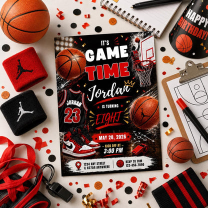 Editable Basketball Birthday Invitation Canva Template, Gold Black Luxury Sport Cute Fun DIY Sweet Party Invite, Printable Digital Download.