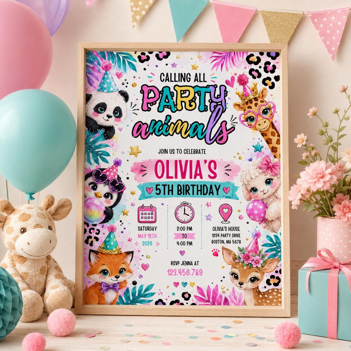 Editable Animal Birthday Invitation Canva Template, Kids Cute Modern Fun DIY Sweet Chic Teen Tween Party Invite, Printable Digital Download.