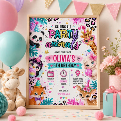Editable Animal Birthday Invitation Canva Template, Kids Cute Modern Fun DIY Sweet Chic Teen Tween Party Invite, Printable Digital Download.