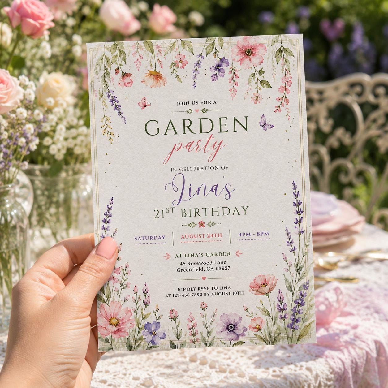 Editable Garden Birthday Invitation Canva Template, Floral Girls Cute Fun DIY Sweet Chic Kids Teen Party Invite, Printable Digital Download.
