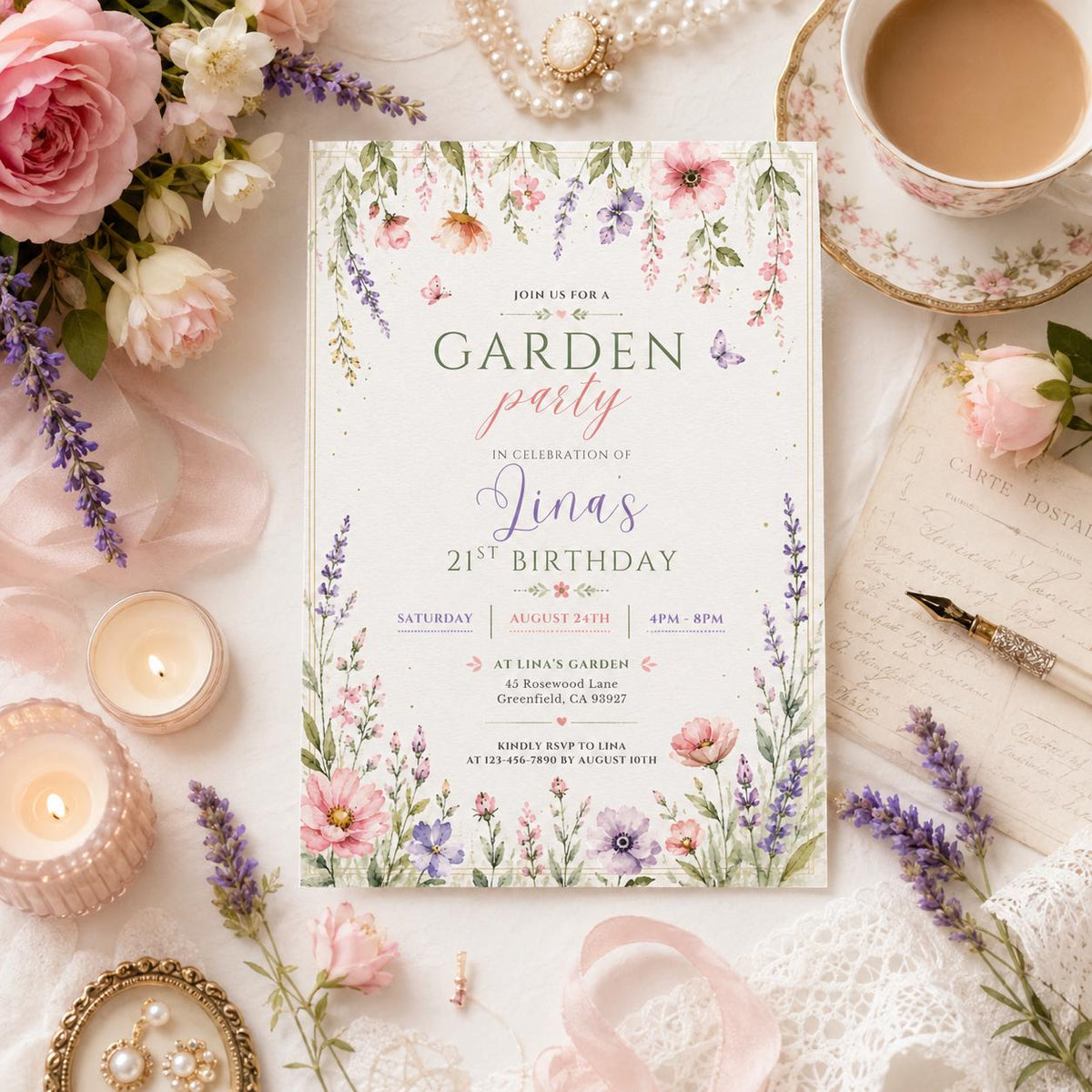 Editable Garden Birthday Invitation Canva Template, Floral Girls Cute Fun DIY Sweet Chic Kids Teen Party Invite, Printable Digital Download.