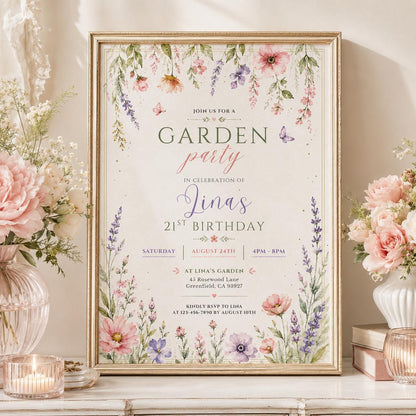 Editable Garden Birthday Invitation Canva Template, Floral Girls Cute Fun DIY Sweet Chic Kids Teen Party Invite, Printable Digital Download.