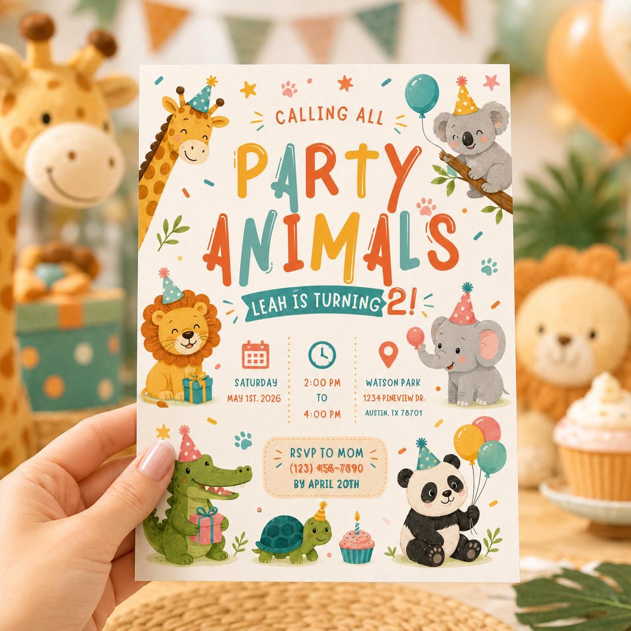 Editable Animal Birthday Invitation Canva Template, Kids Cute Modern Fun DIY Sweet Chic Teen Tween Party Invite, Printable Digital Download.