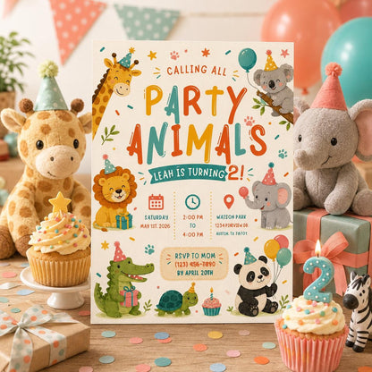 Editable Animal Birthday Invitation Canva Template, Kids Cute Modern Fun DIY Sweet Chic Teen Tween Party Invite, Printable Digital Download.