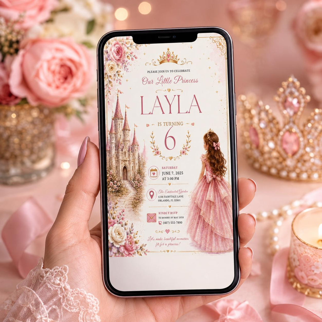 Editable Princess Birthday Invitation Canva Template, Girls Cute Modern Fun Themed Custom DIY Chic Party Invite, Printable Digital Download.