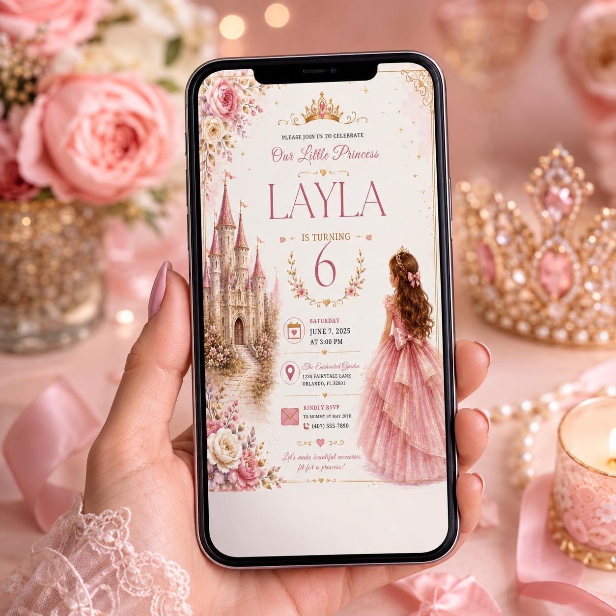 Editable Princess Birthday Invitation Canva Template, Girls Cute Modern Fun Themed Custom DIY Chic Party Invite, Printable Digital Download.