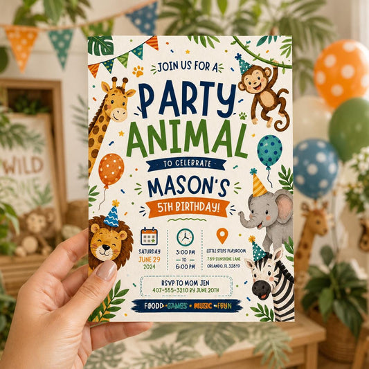 Editable Animal Birthday Invitation Canva Template, Kids Cute Modern Fun DIY Sweet Chic Teen Tween Party Invite, Printable Digital Download.