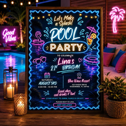 Editable Pool Birthday Invitation Canva Template, Floral Girls Teens Pool Cute Modern Fun DIY Chic Party Invite, Printable Digital Download.