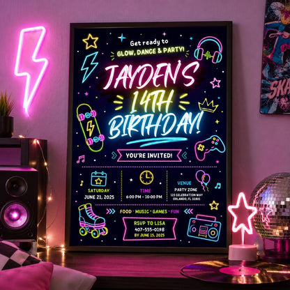 Editable Neon Glow Birthday Invitation Canva Template, Retro Teens Neon Cute Modern Fun Themed DIY Party Invite, Printable Digital Download.