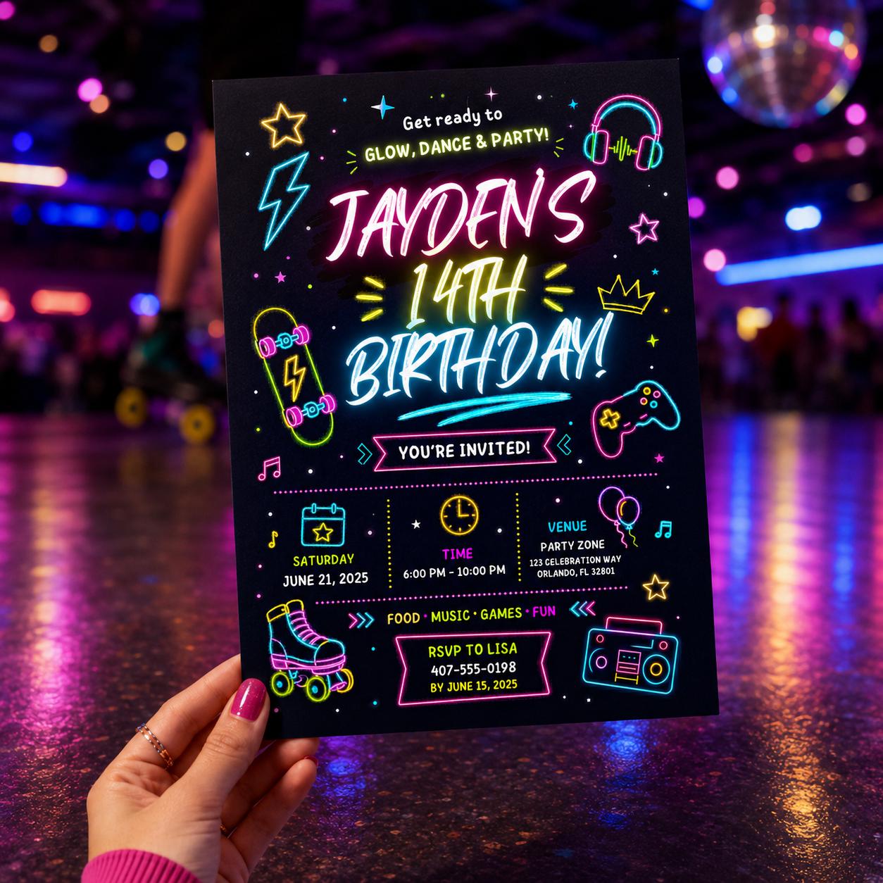 Editable Neon Glow Birthday Invitation Canva Template, Retro Teens Neon Cute Modern Fun Themed DIY Party Invite, Printable Digital Download.