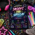 Editable Neon Glow Birthday Invitation Canva Template, Retro Teens Neon Cute Modern Fun Themed DIY Party Invite, Printable Digital Download.