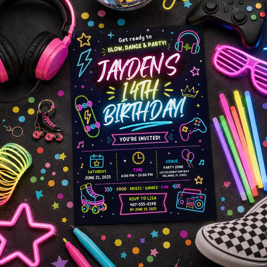 Editable Neon Glow Birthday Invitation Canva Template, Retro Teens Neon Cute Modern Fun Themed DIY Party Invite, Printable Digital Download.