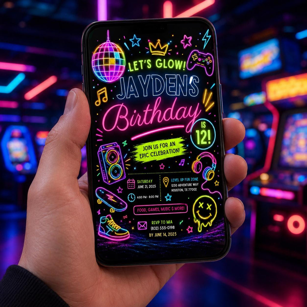 Editable Neon Glow Birthday Invitation Canva Template, Retro Teens Neon Cute Modern Fun Themed DIY Party Invite, Printable Digital Download.