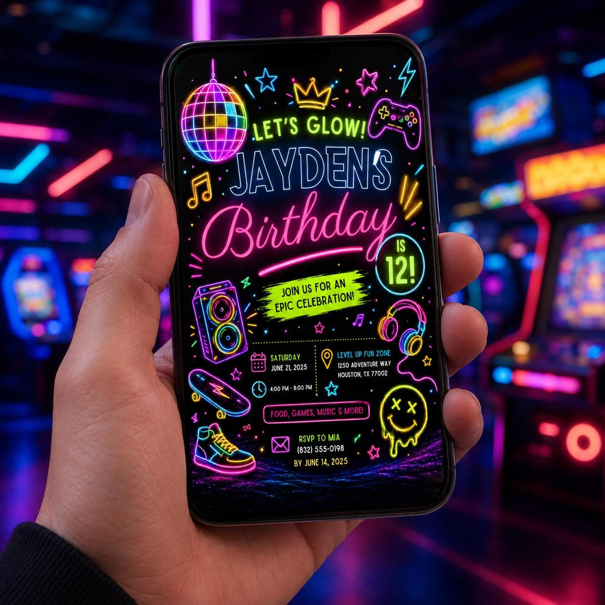 Editable Neon Glow Birthday Invitation Canva Template, Retro Teens Neon Cute Modern Fun Themed DIY Party Invite, Printable Digital Download.
