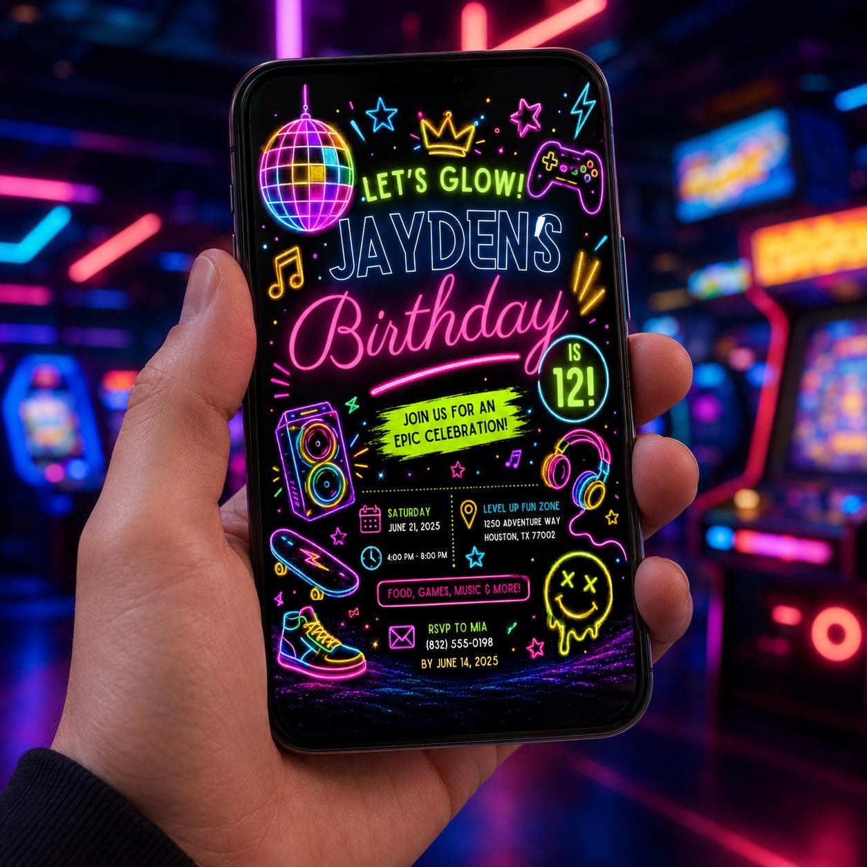 Editable Neon Glow Birthday Invitation Canva Template, Retro Teens Neon Cute Modern Fun Themed DIY Party Invite, Printable Digital Download.