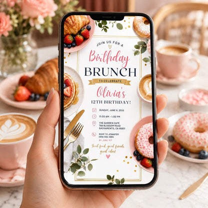 Editable Brunch Birthday Invitation Canva Template, Pink Yellow Girls Adult Cute Fun DIY Chic Kids Party Invite, Printable Digital Download.