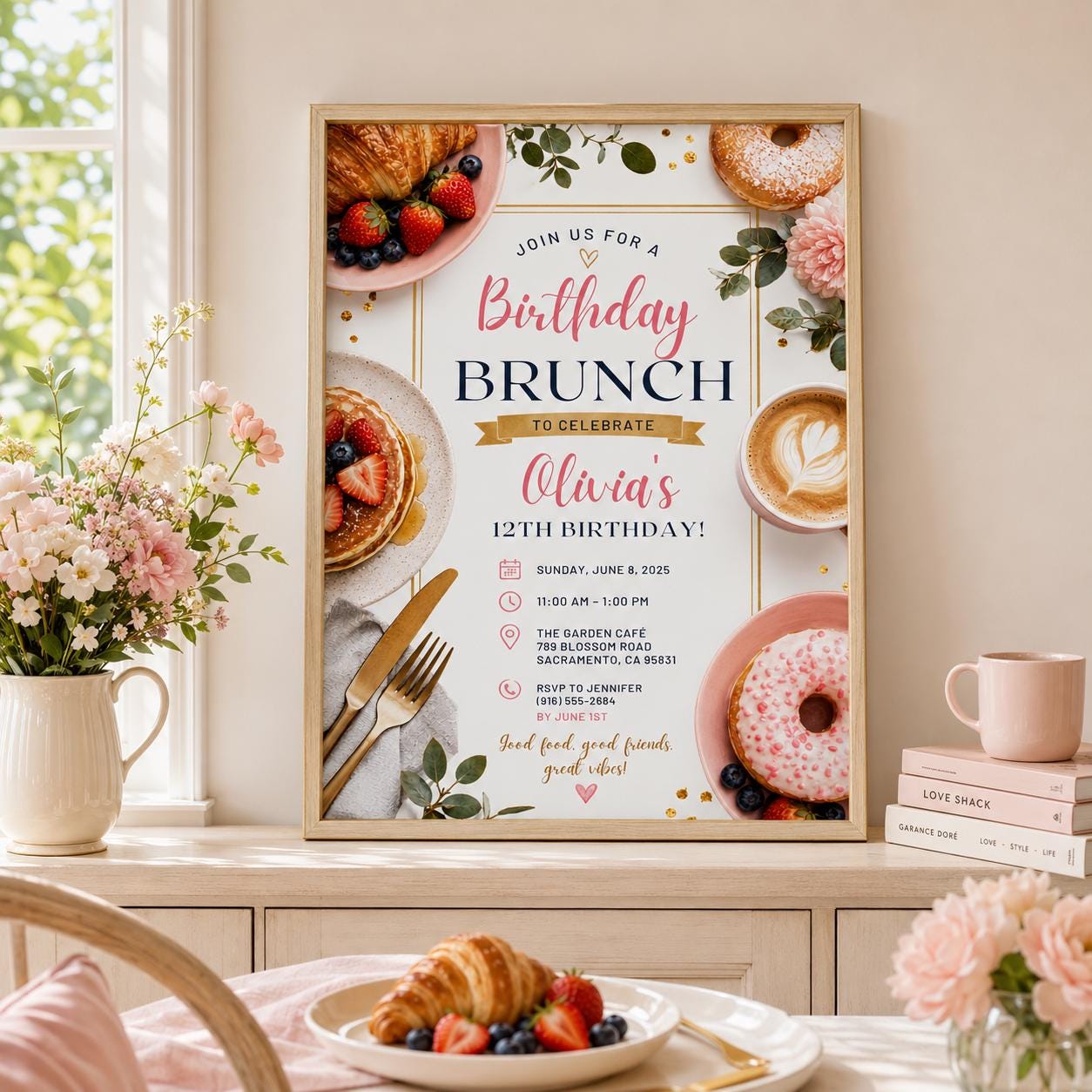 Editable Brunch Birthday Invitation Canva Template, Pink Yellow Girls Adult Cute Fun DIY Chic Kids Party Invite, Printable Digital Download.