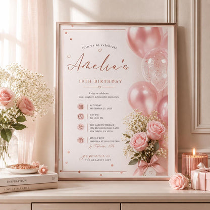 Editable Pink Bow Baby Shower Sign Canva Template, Luxury Floral Girls Kids Bow Cute Modern Fun DIY Chic Teen Printable Digital Party Decor.