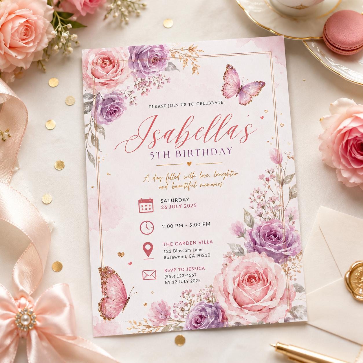 Editable Fairy Garden Birthday Invitation Canva Template, Pink Floral Girls Kids Cute Fun DIY Chic Party Invite, Printable Digital Download.