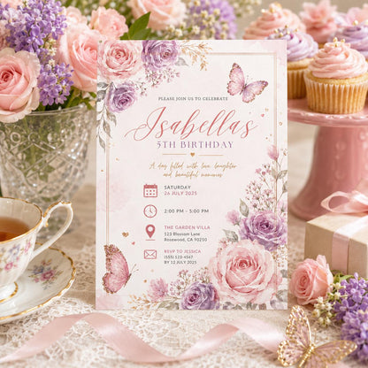 Editable Fairy Garden Birthday Invitation Canva Template, Pink Floral Girls Kids Cute Fun DIY Chic Party Invite, Printable Digital Download.