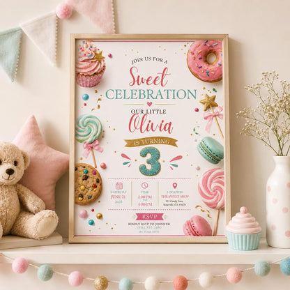 Editable Candy Birthday Invitation Canva Template, Blue Cream Boys Kids Cute Modern Fun Themed DIY Party Invite, Printable Digital Download.