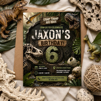 Editable Dinosaur Birthday Invitation Canva Template, Boys Dino Cute Modern Fun DIY Chic Kids Teen Party Invite, Printable Digital Download.