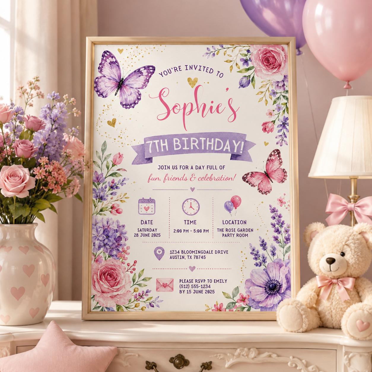 Editable Butterfly Birthday Invitation Canva Template, Pink Purple Pastel Floral Kids Cute Fun DIY Party Invite, Printable Digital Download.